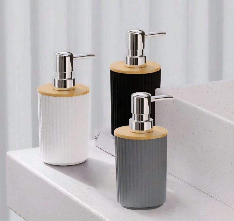 DISPENSADOR DE JABON LIQUIDO DE PLASTICO Y MADERA DE BAMBU 3 COLORES