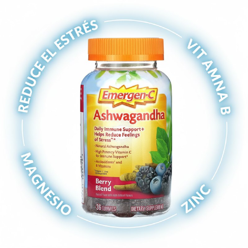VITAMINAS EN GOMITAS DE ASHWAGANDHA, DA APOYO INMUNITARIO DIARIO, REDUCE EL ESTRES, VITAMINA C DE ALTA POTENCIA, VITAMINA B, ZINC Y MAGNESIO, SABOR A BAYAS EMERGEN C 36UND