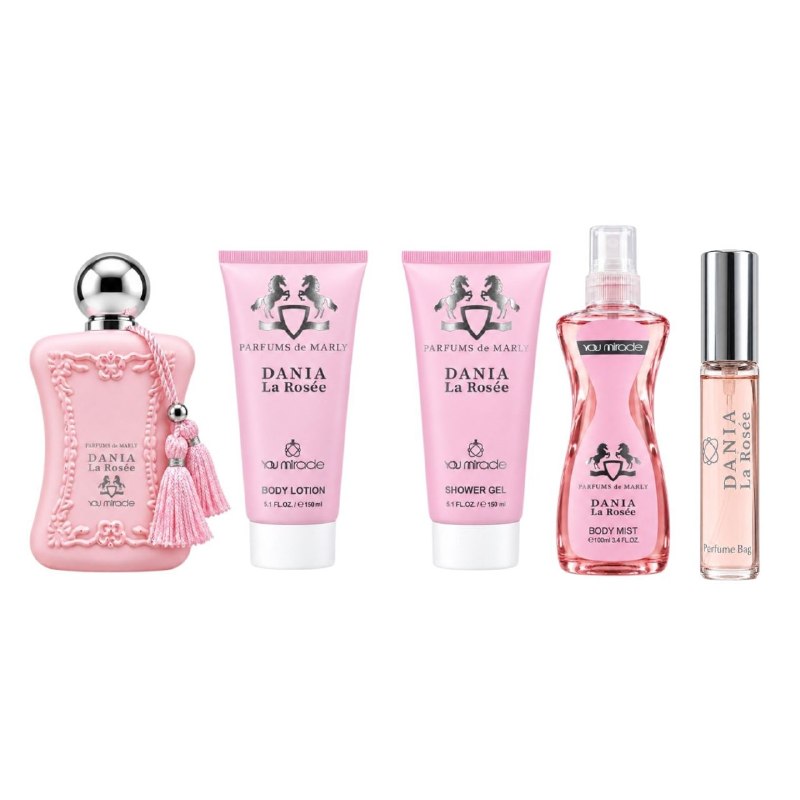 SET YOU MIRADE DANIA LA ROSEE EDP 100ML, EDP 15ML, SHOWER GEL 150ML, BODY MIST 100ML, BODY LOTION 150ML (M) (AROMA SIMILAR PARFUMS DE MARLY DELINEA LA ROSEE)