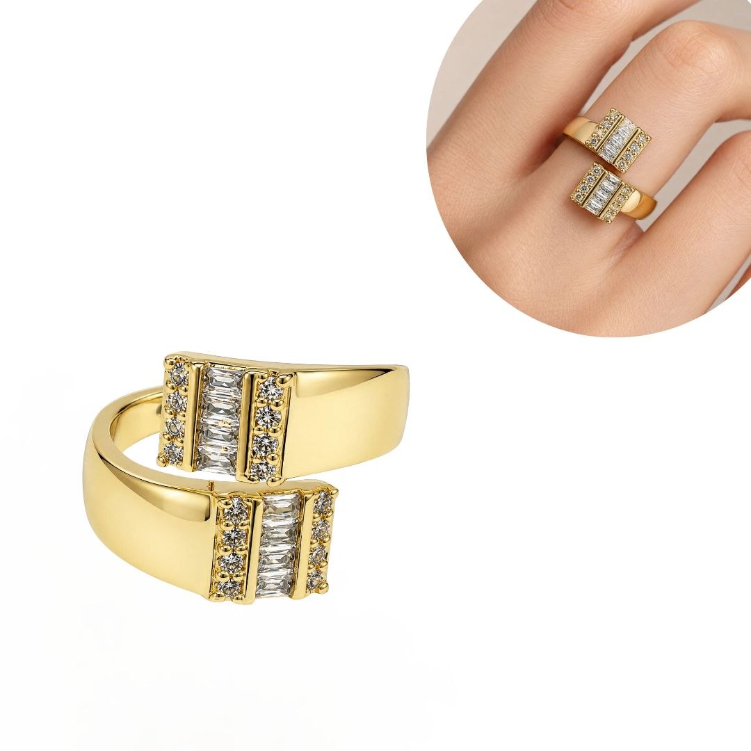 ANILLO DE ENCHAPE PARA DAMA CON DISEÑO ABIERTO Y CIRCONES CORTES BAGUETTE Y REDONDO