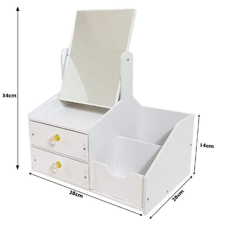 ESTANTE ORGANIZADOR DE COSMETICOS CON ESPEJO Y DOBLE GABETA COLOR BLANCO 34X28X20CM