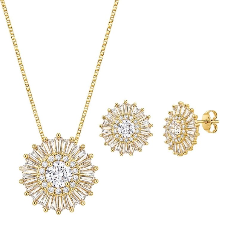 SET DE ENCHAPE PARA DAMA CON DISEÑO CIRCULAR ESTILO ROSETÓN DE CIRCONES Y CORTE BAGUETTE