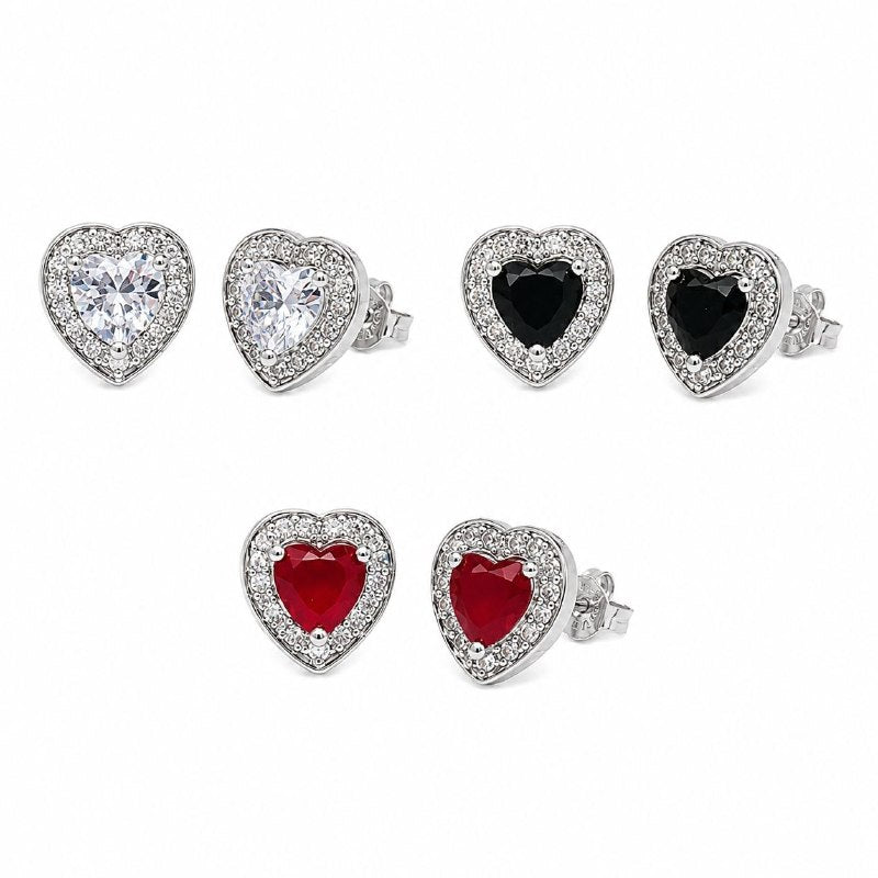 ARITOS DE ENCHAPE PARA DAMA CON DISEÑO CORAZONES BLANCO, ROJO Y NEGRO 2CM
