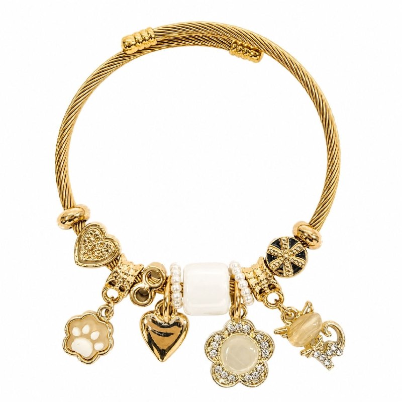 PULSERA DE ENCHAPE PARA DAMA CON DISEÑO DE HUELLA, CORAZON, FLOR Y GATO 6CM