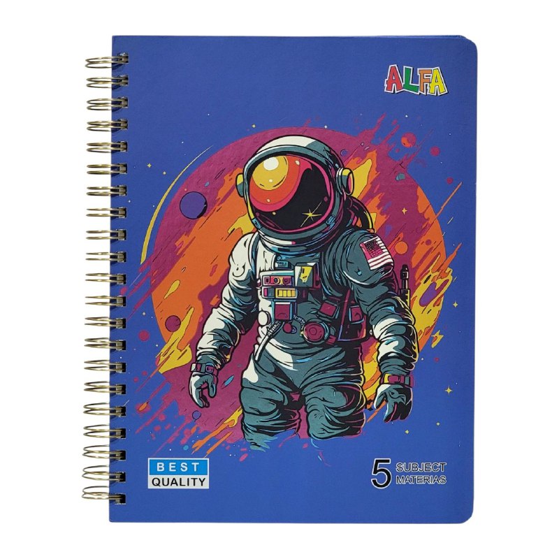 CUADERNO LIBRETA DE ESPIRAL RAYADO DE 5 MATERIAS, 4 DISEÑO 21X28CM ALFA