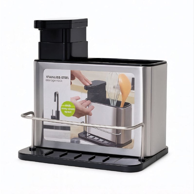 DISPENSADOR DE JABON LIQUIDO PARA COCINA O BAÑO CON ESTANTE DE ALMACENAMIENTO 3 EN 1 DE ACERO INOXIDABLE STAINLESS STEEL