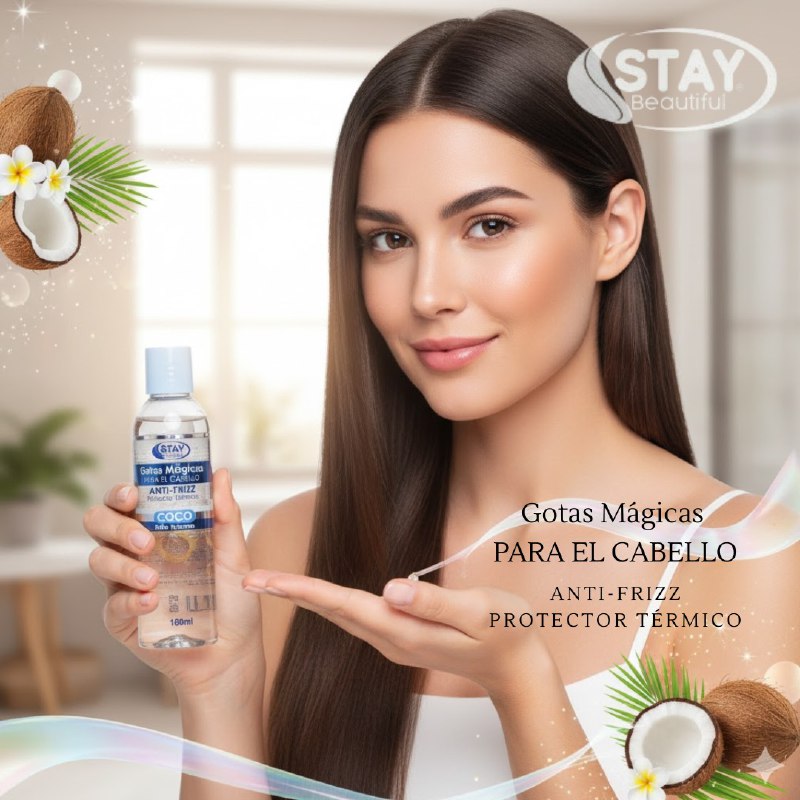 ACEITE PARA EL CABELLO GOTAS MAGICAS DE COCO ANTIFRIZZ, PROTECTOR TERMICO Y BRILLO INTENSO STAY BEAUTIFUL 180ML