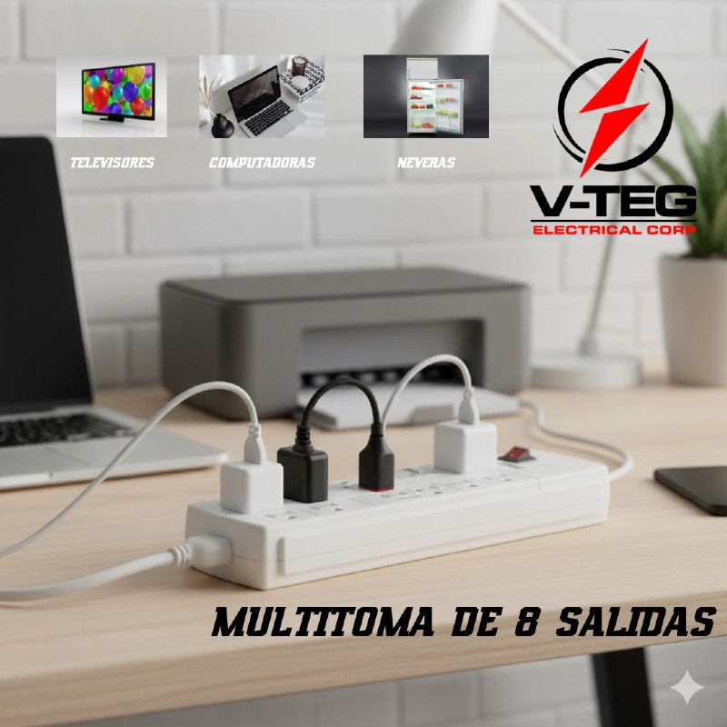 REGLETA EXTENSION DE 8 SALIDAS CON PROTECCION DE SOBRECARGA V-TEG 60CM