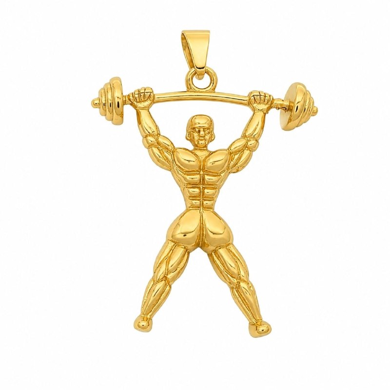 DIJE DE ENCHAPE PARA CADENA CON DISEÑO DE HOMBRE DE PESAS 6.3CM