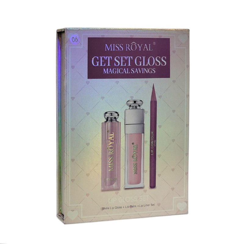 SET DE BRILLO LABIAL DELINEADOR DE LABIOS Y BALSAMO LABIAL EN TONOS NATURALES 3PCS MISS ROYAL (DUPE DE DIOR)