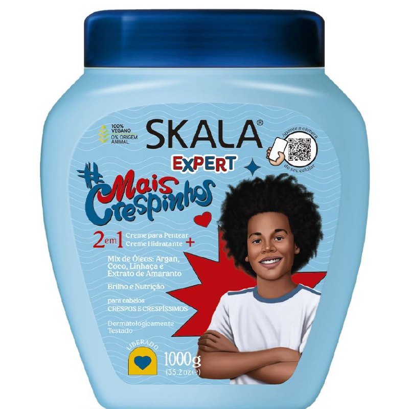 TRATAMIENTO CAPILAR EN CREMA 2 EN 1, CREM PARA PEINAR Y ACONDICIONADORA, MEZCLA DE ACEITES ARGAN, COCO, LINAZA Y AMARANTO, BRILLO Y NUTRICION CABELLO RIZADO SKALA EXPERT MAIS CRESHPINHOS 1000G