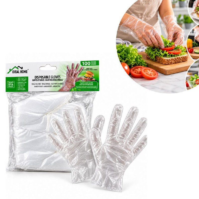 GUANTES DESECHABLES MULTIUSOS DE POLIETILENO TRANSPARENTE IDELA HOME 100UND