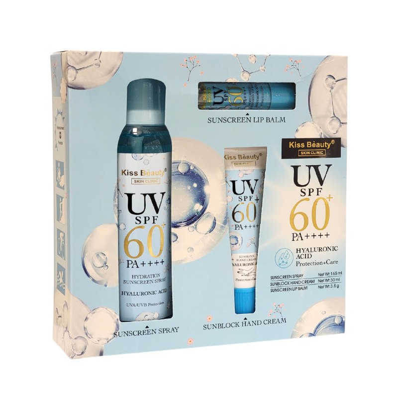 SET DE PROTECCION SOLAR Y CUIDADO HIDRATANTE CON ACIDO HIALURONICO 3PCS KISS BEAUTY