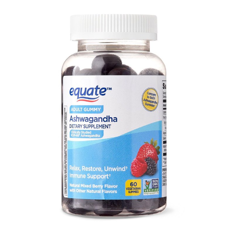 VITAMINAS EN GOMITAS DE ASHWAGANDHA PARA ADULTOS, EFECTO RELAJANTE, RESTAURA EL SISTEMA INMUNITARIO, SABOR A BAYAS MIXTAS EQUATE 60UND
