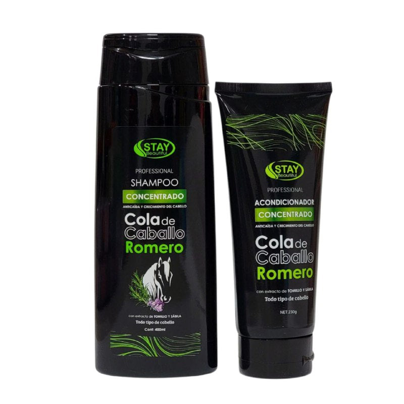SHAMPOO PARA EL CABELLO EN SET Y ACONDICIONADOR COLA DE CABALLO, HIDRATA Y REPARA TU CABELLO DEJANDO UN BRILLO NATURAL SHAMPOO 400ML, ACONDICIONADOR 230G STAY BEAUTIFUL