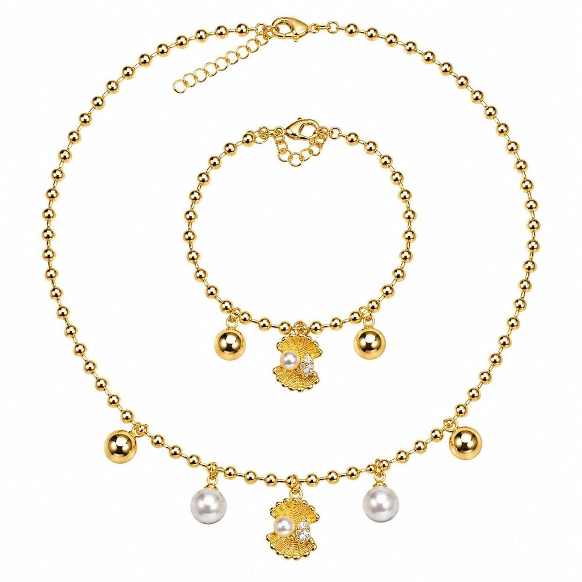 SET DE ENCHAPE PARA DAMA COLLAR Y PULSERA MARINA CON BALINES, PERLAS Y CONCHA MARINA
