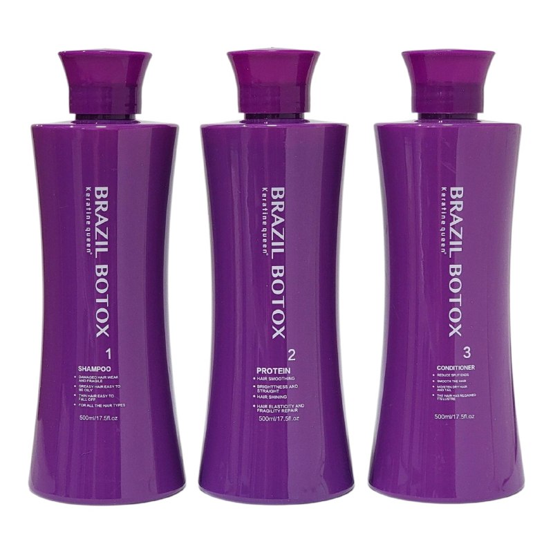 SET DE CUIDADO PARA EL CABELLO DE QUERATINA BRAZILEÑA SUAVIZANTE 3PCS KERATINE QUEEN 500MLX3