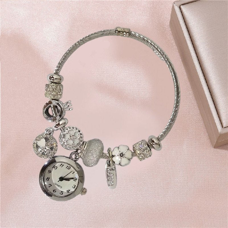 RELOJ ECONOMICO ESTILO PANDORA PARA DAMA DE ACERO CON BAÑO DE ENCHAPE
