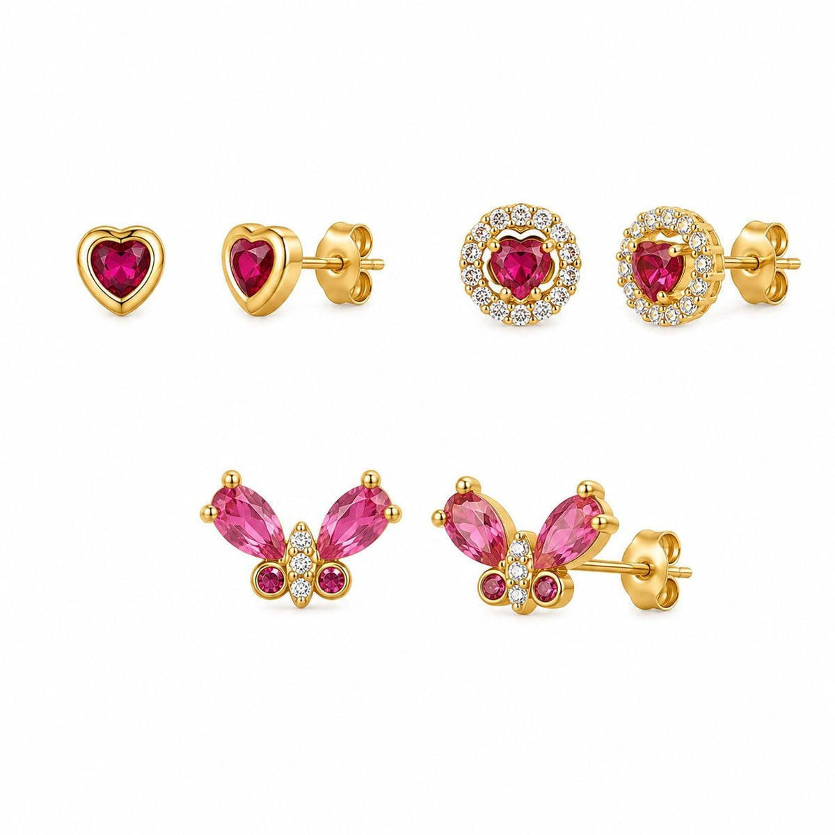 SET DE 3 PARES DE ARITOS DE ENCHAPE PARA DAMA CORAZÓN CON HALO DE CIRCONES, MARIPOSAS ROSADAS Y CORAZÓN SILUETA