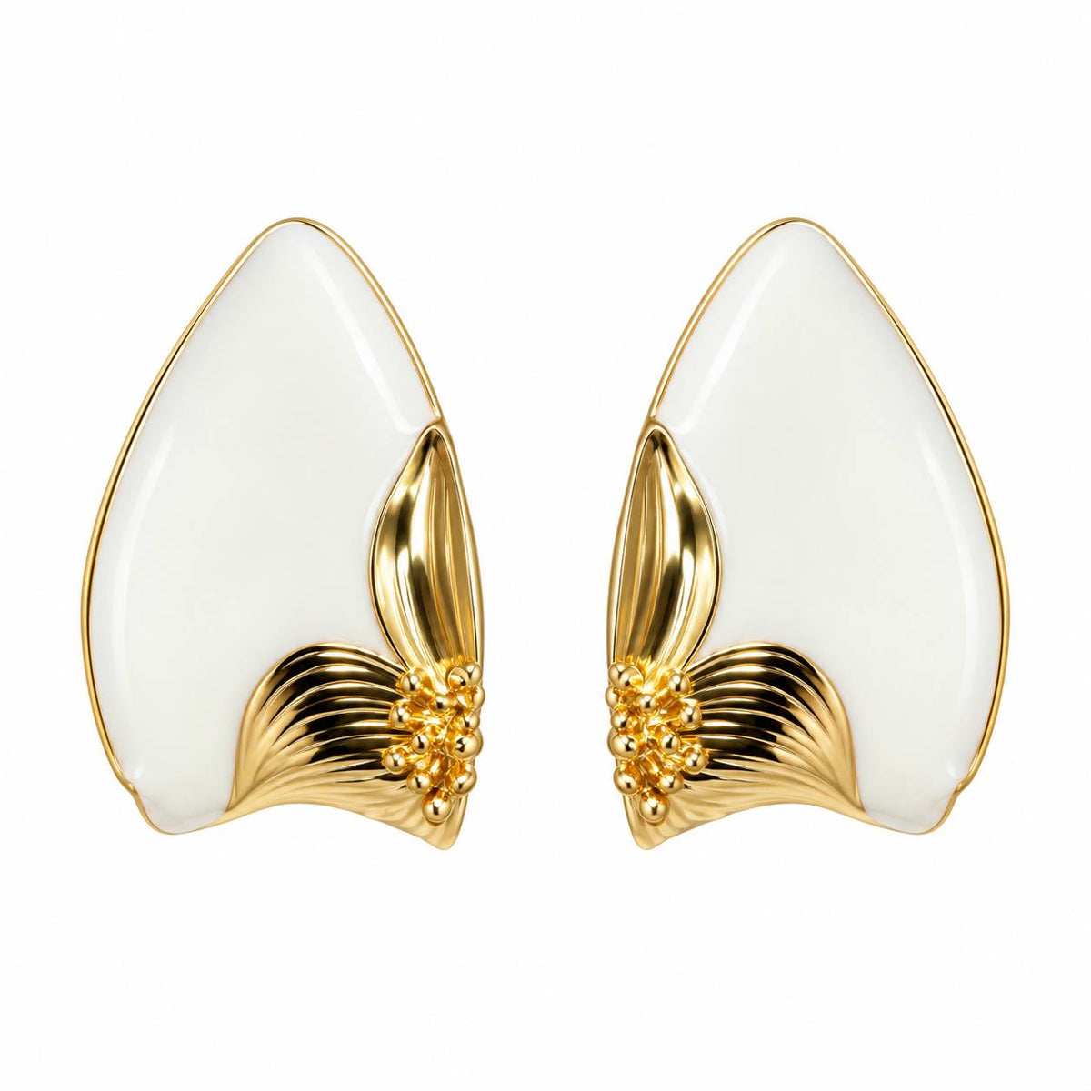 ARITOS DE ENCHAPE PARA DAMA CON DISEÑO GEOMÉTRICO BLANCO Y DETALLE FLORAL DORADO 3CM