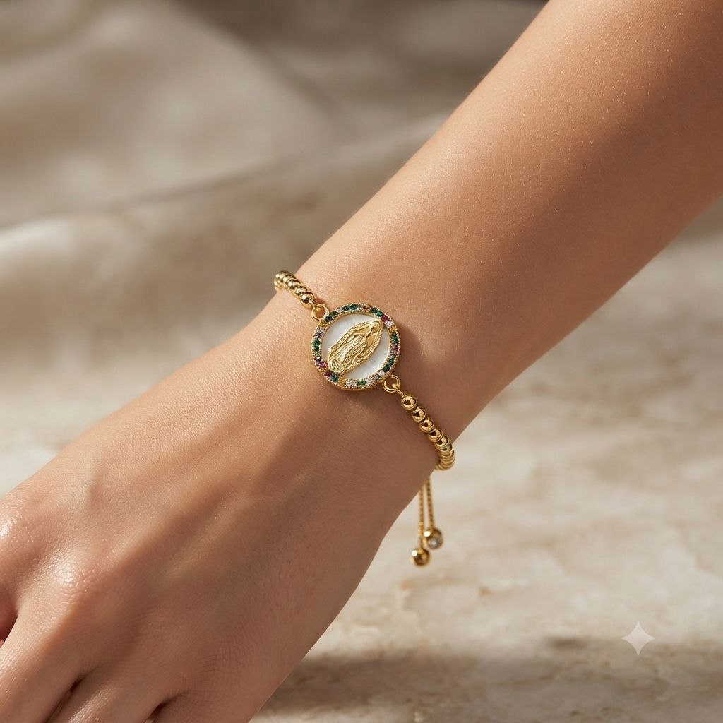 PULSERA DE ENCHAPE PARA DAMA CON DISEÑO DE VIRGEN