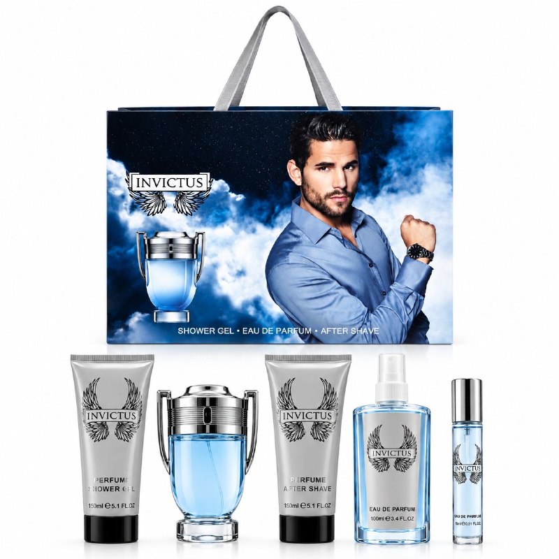 SET INVICTUS EDP 100ML, EDP 15ML, SPLASH PERFUMADO 100ML, SHOWER GEL 150ML, AFTER SHAVE 150ML (H) (AROMA SIMILAR PACO RABANNE INVICTUS)