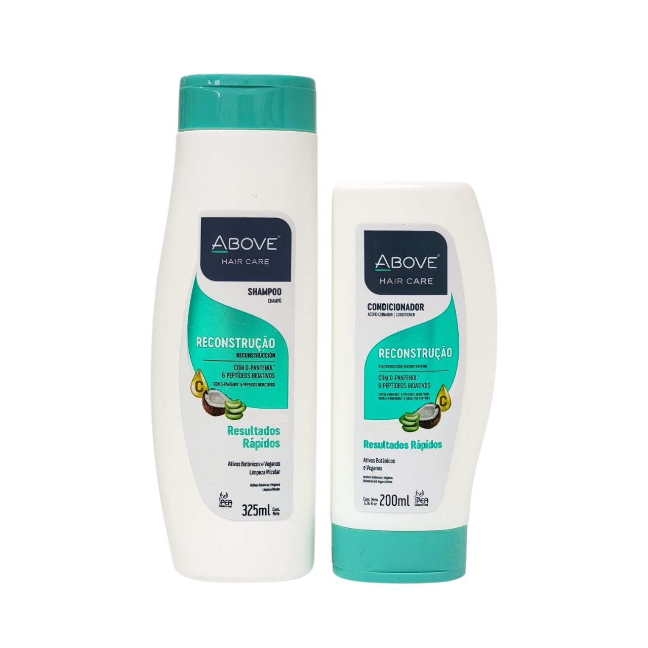 SET DE SHAMPOO Y ACONDICIONADOR RECONSTRUCTOR PARA CABELLO DAÑADO Y TEÑIDO CON PEPTIDOS BIOACTIVOS Y COCO ABOVE 325ML + 200ML