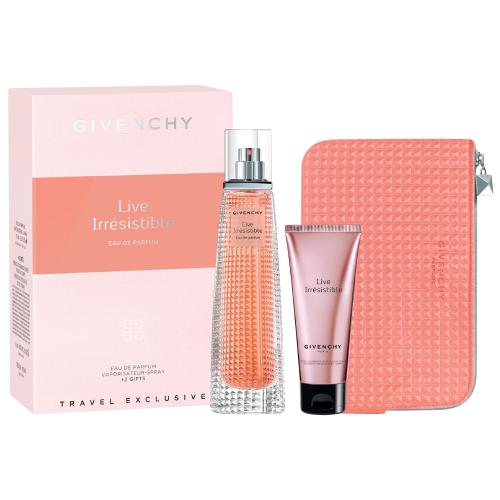 GIVENCHY LIVE IRRESISTIBLE 3 PCS SET PARA MUJER: 2.5 EAU DE PARFUM SPRAY + 2.6 BODY CREAM + POUCH