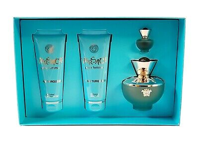 SET VERSACE DYLAN TURQUESA 4 PCS SET PARA MUJER: 3.4 EAU DE TOILETTE SPRAY + 0.16 EAU DE TOILETTE + 3.4 BODY LOTION + 3.4 GEL DE DUCHA (HARD BOX)