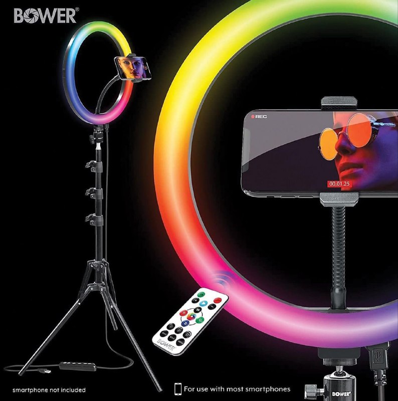 ARO DE LUZ LED ANILLO DE LUZ PARA SELFIE LUZ ANULAR BLANCA/RGB DE 2 PULGADAS CON ROTULA DE 360 GRADOS, TRIPODE DE 62 PULGADAS BOWER KIT
