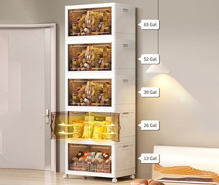 ORGANIZADOR ESTANTE DE ALMACENAMIENTO CON TAPAS, PUERTAS DOBLES CON 4 RUEDAS DESMONTABLES, 5 CAJAS DE ALMACENAMIENTO DE PLASTICO COLOR BLANCO