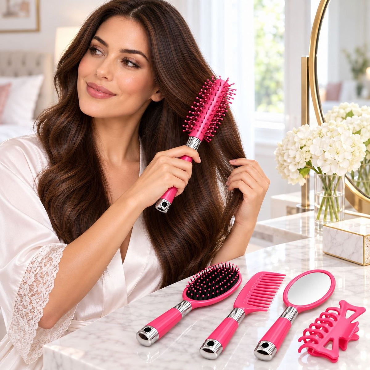 SET DE CEPILLOS ESPEJO Y ACCESORIOS PARA CABELLO 5 PIEZAS