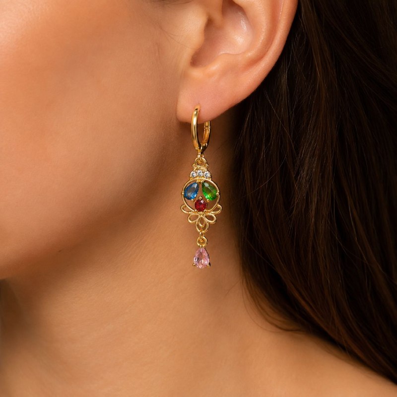 ARITOS DE ENCHAPE PARA DAMA CON DISEÑO FLORAL DE PIEDRAS MULTICOLOR 4CM