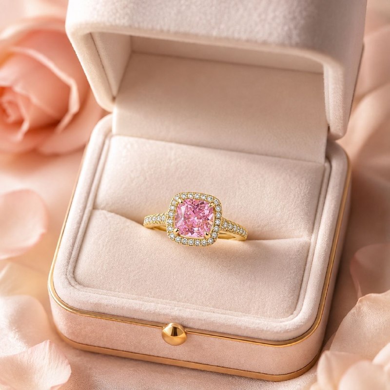 ANILLO DE ENCHAPE PARA DAMA ESTILO HALO CON GEMAS EN CORTE COJÍN Y PAVÉ