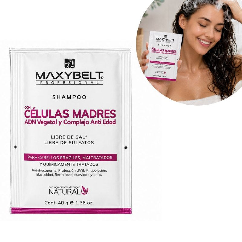 SHAMPOO CON CELULAS MADRE, ADN VEGETAL Y COMPLEJO ANTIEDAD DE LIMPIEZA REESTRUCTURANTE MAXYBELT 40G
