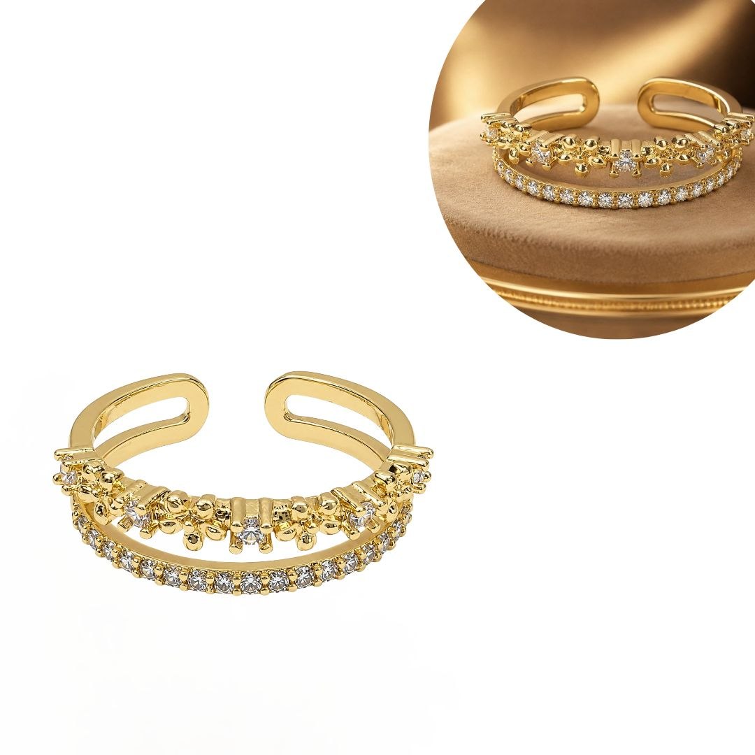 ANILLO DE ENCHAPE PARA DAMA CON DOBLE BANDA Y CIRCONES BRILLANTES