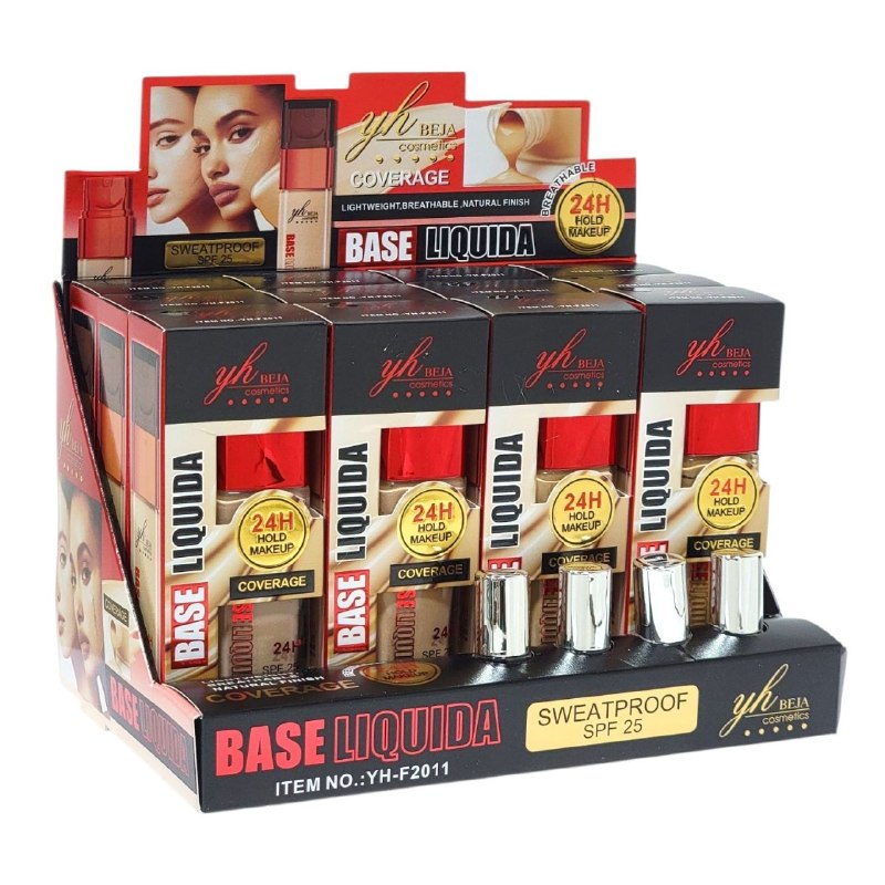 BASE LIQUIDA LARGA DURACIÓN PROTECCIÓN SOLAR SPF 25 ACABADO NATURAL Y LIGERO EN LA PIEL,BASE TRANSPIRABLE 4 TONOS YH BEJA COSMETICS 50ML