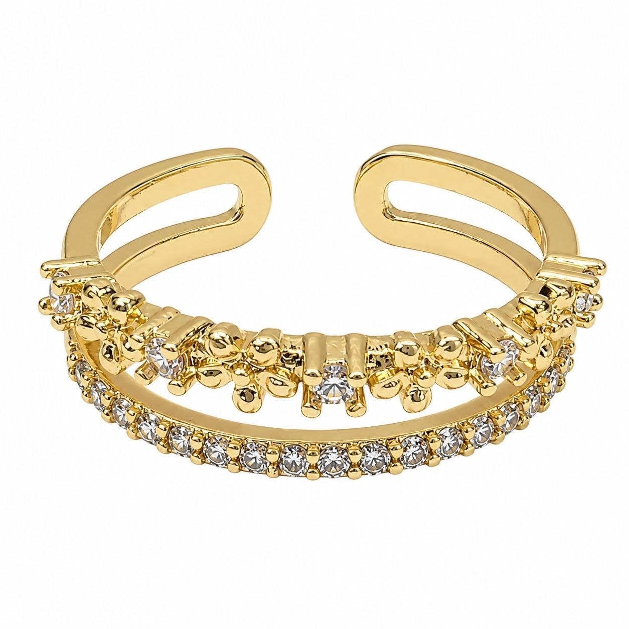 ANILLO DE ENCHAPE PARA DAMA CON DOBLE BANDA Y CIRCONES BRILLANTES