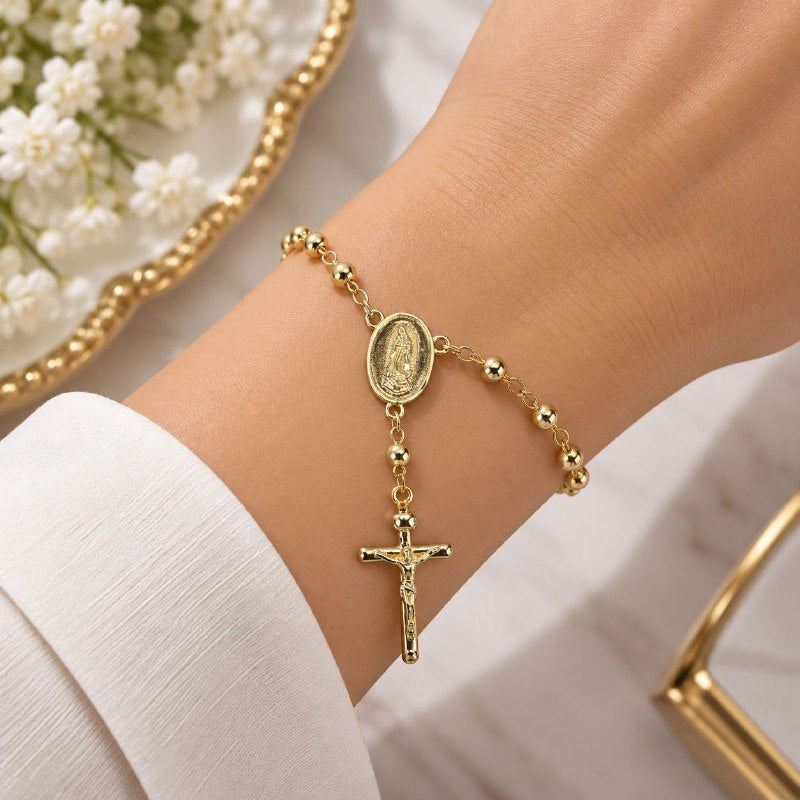 PULSERA DE ENCHAPE PARA DAMA CON DISEÑO DE CRUZ Y VIRGEN 16CM