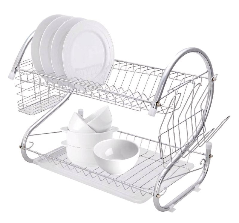 ESTANTE ORGANIZADOR Y ESCURRIDOR DE PLATOS DE 2 NIVELES METALICO GALVANIZADO Y BANDEJA DE PLASTICO 36X11.5X24CM