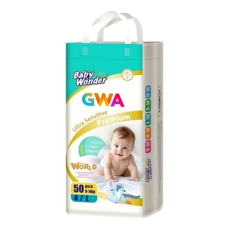 PAÑALES PARA NIÑOS PREMIUM CON TECNOLOGIA ABSORBENTE GWA 50UND TALLA 4/L DE 9-14KG