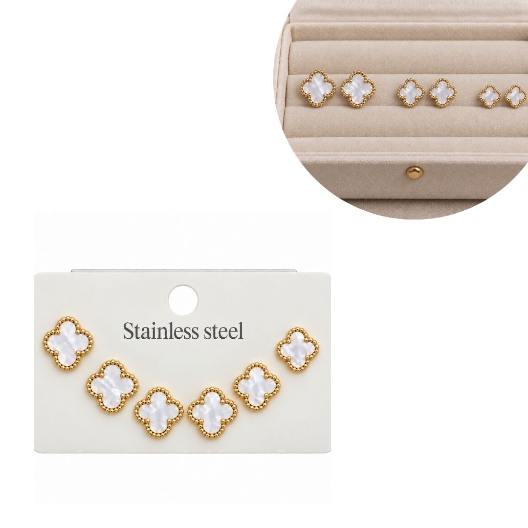 SET DE ARITOS DE ENCHAPE PARA DAMA JUEGO DE 3 PARES CON DISEÑO DE TRÉBOL DE CUATRO HOJAS CON CENTRO BLANCO NACARADO Y BORDE CON DETALLE DE ESFERAS 1.2CM, 1CM Y 0.8CM