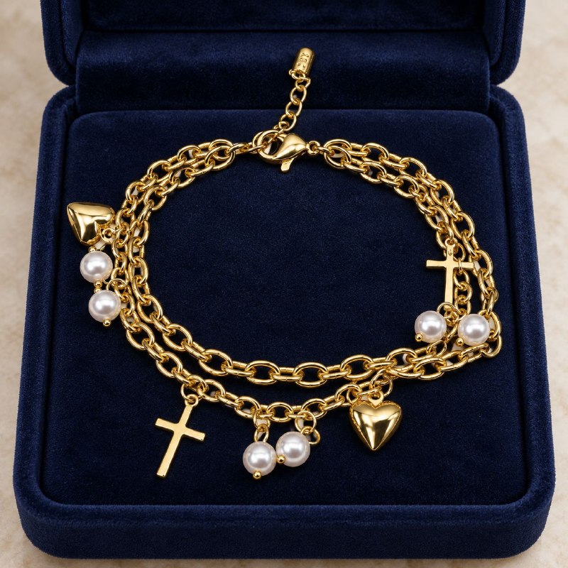 PULSERA DE ENCHAPE PARA DAMA CON DISEÑO DE CRUZ Y CORAZON 16CM