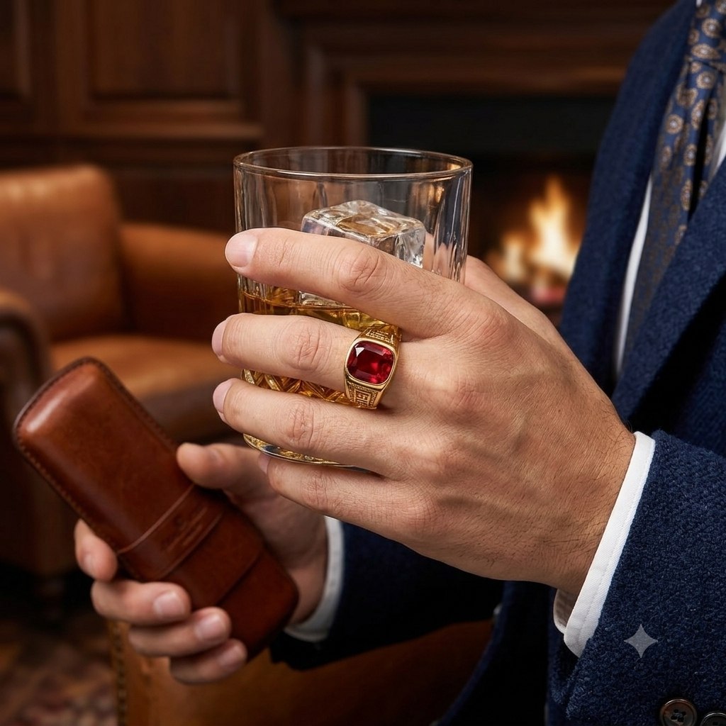 ANILLO DE ENCHAPE PARA CABALLERO CON DISEÑO PIEDRA ROJA