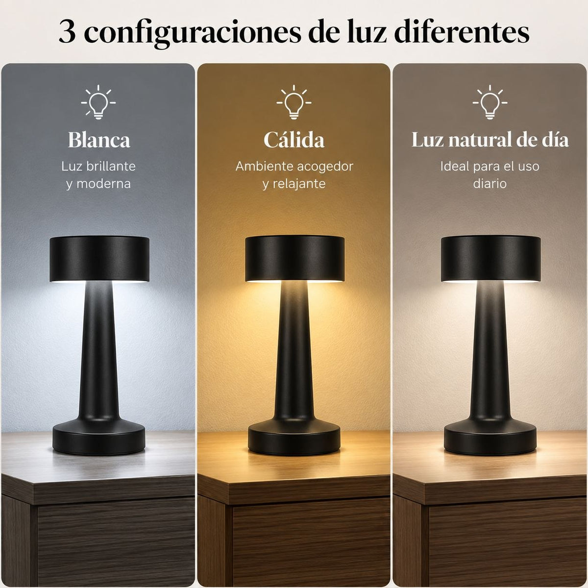 LÁMPARA LED DE MESA CON CONTROL TÁCTIL Y BATERÍA RECARGABLE USB 21CM
