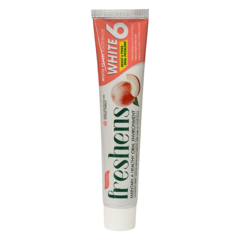 PASTA DE DIENTES, DE MELOCOTON, LIMPIA PROFUNDAMENTE LAS MANCHAS DIFICILES Y EL SARRO BLANDO DE LOS DIENTES, ELIMINA DIENTES AMARILLOS, CUIDA LAS ENCIAS Y REFRESCA EL ALIENTO SADOER 100G