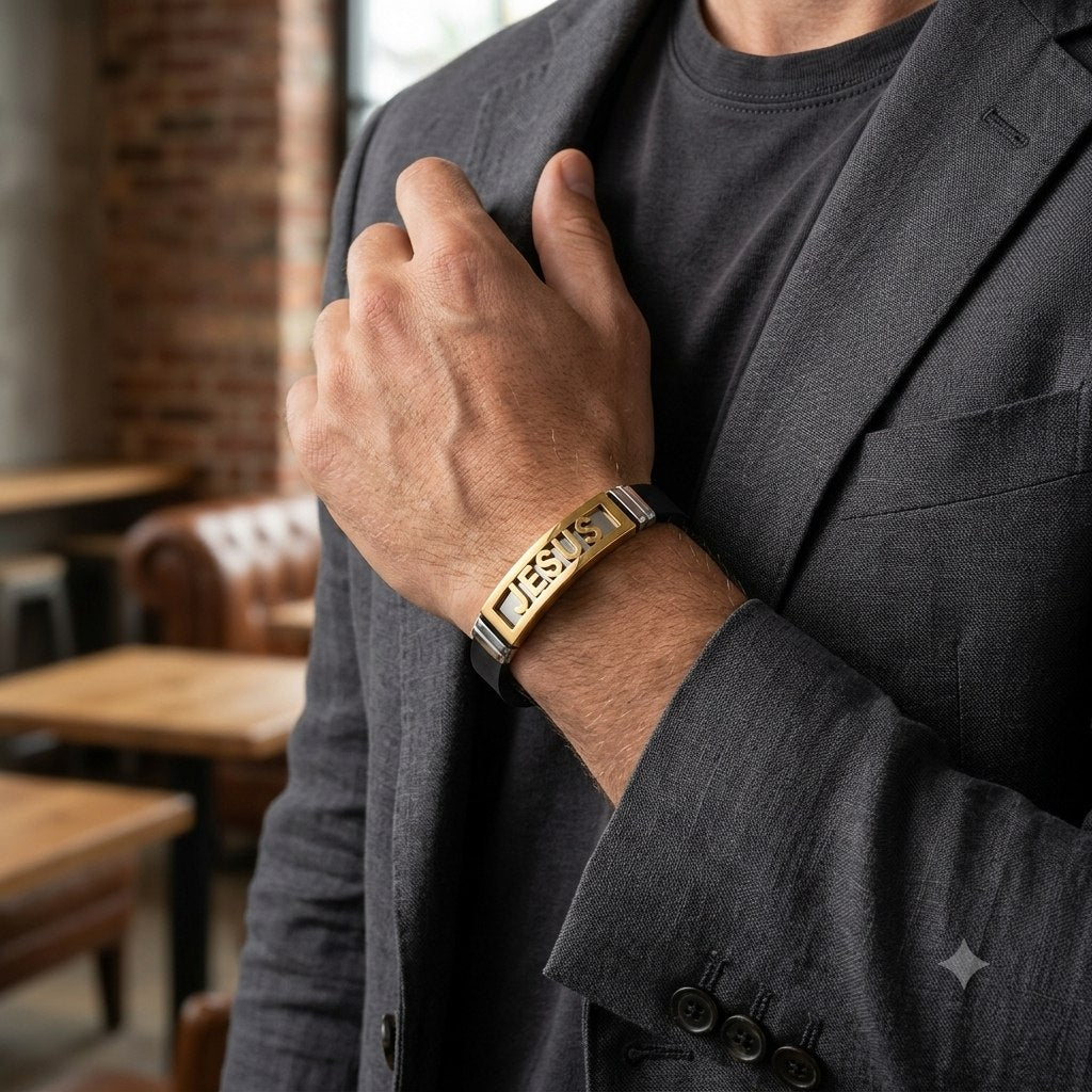 PULSERA DE ENCHAPE PARA CABALLERO, DISEÑO JESUS 21CM