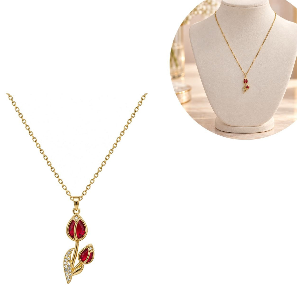 GARGANTILLA DE ENCHAPE PARA DAMA CON DISEÑO DE DOBLE TULIPÁN ROJO 3.2CM