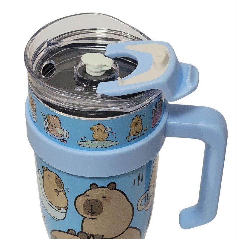 VASO TERMO DE ACERO INOXIDABLE CON ASA DISEÑO DE CAPIBARA,CAPYBARA CON SORBETE Y MUCHO ESTILO 1200ML