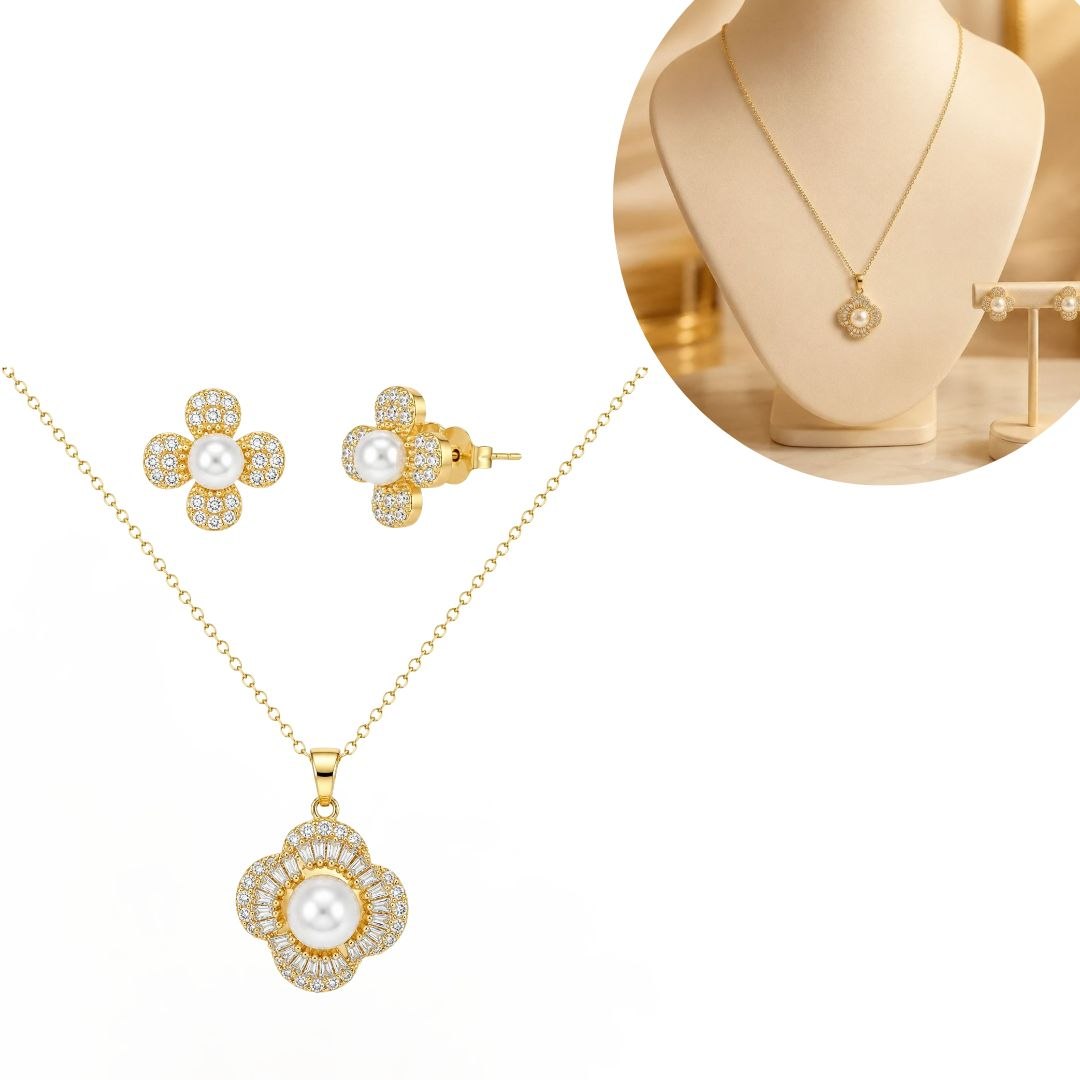 SET DE ENCHAPE PARA DAMA CADENA, DIJE Y TOPOS FLOR TREBOL CON PERLA Y HALO DE CIRCONES